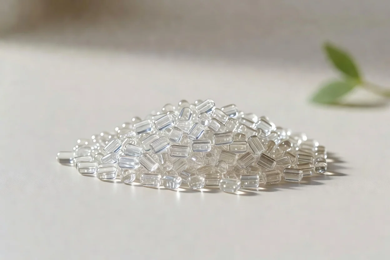 Bio-PET resin pellets in transparent cylindrical form, highlighting bio-based sustainable material characteristics. - plascentral.com