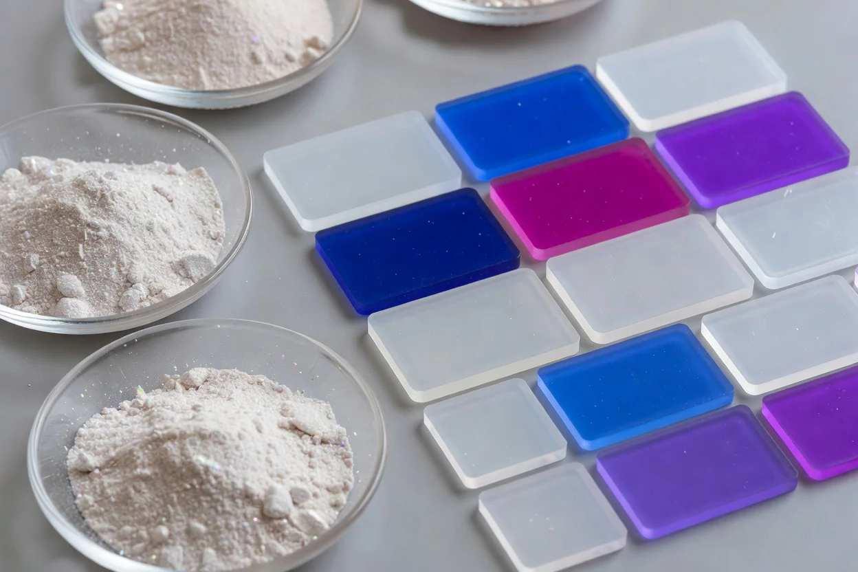 透明且色彩鲜艳的矩形塑料样品，带有精细颜料粉末。 - plascentral.com

