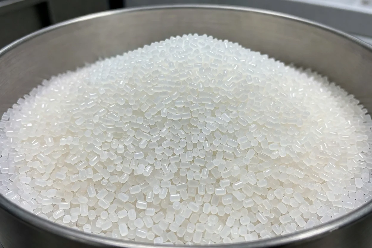 Uniform translucent white PTT polymer pellets in a stainless steel container. - plascentral.com

