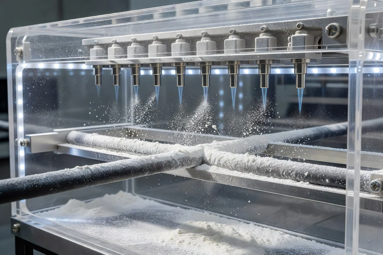 Talc applicator chamber dispersing powder onto production components in industrial machinery. - plascentral.com

