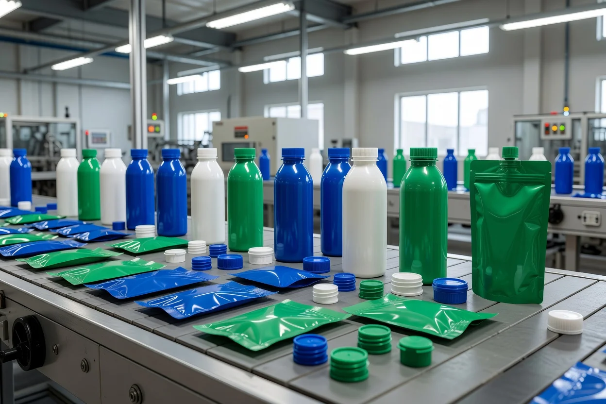 Plastic bottles, pouches, and caps in blue, green, and white produced using masterbatch additives. - plascentral.com

