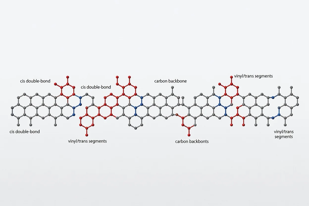 Polybutadiene molecular structure showing carbon backbone with labeled cis, vinyl, and trans segments. - plascentral.com

