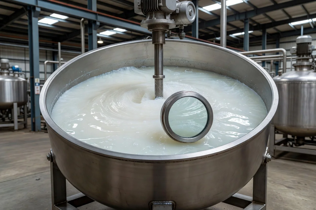Récipient de mélange en acier inoxydable avec agitateur central agitant un composé polymère blanc visqueux - plascentral.com

