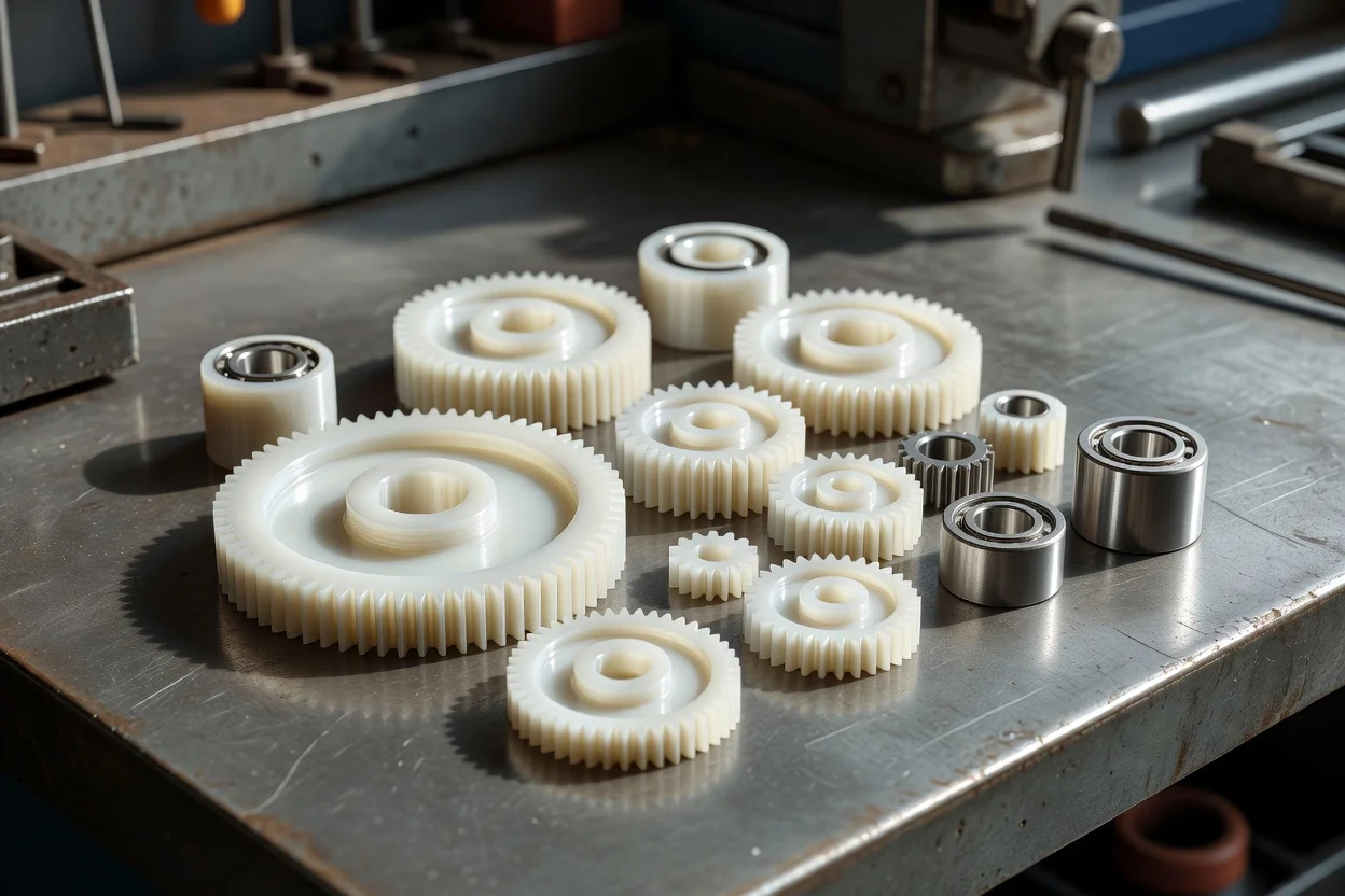 Engranajes y rodamientos de plástico POM blanco de precisión para uso industrial. - plascentral.com

