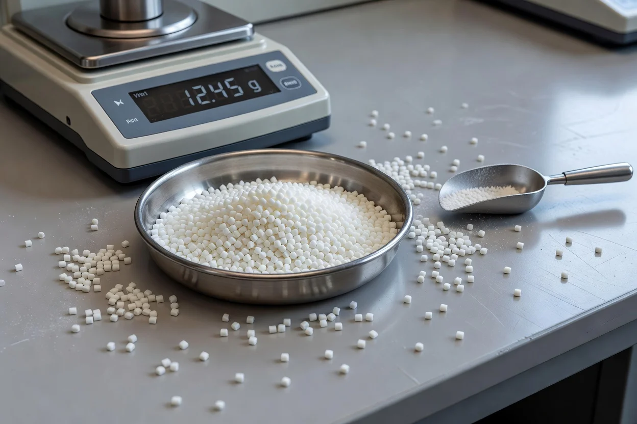 Balanza de laboratorio de precisión que pesa pellets de polímero blanco para un análisis preciso de materiales. - plascentral.com

