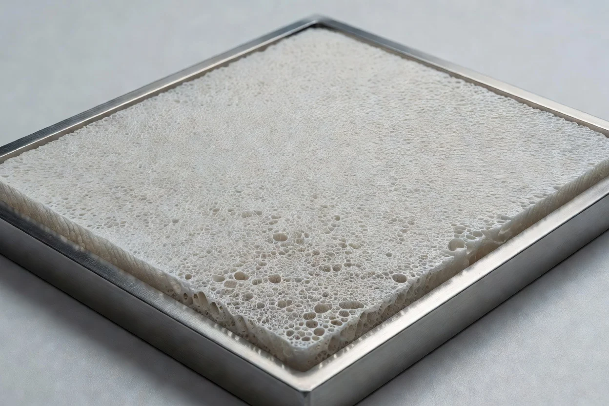 Porous off-white cellular foam with uniform bubble structure mounted in stainless steel frame. - plascentral.com

