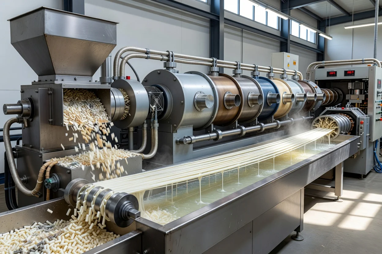Acetal polymer pellets fed into extrusion hopper, molten strands cooled in water bath. - plascentral.com

