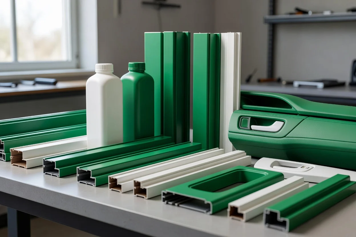 緑と白のプラスチック押出成形品、成形部品、ボトルの詰め合わせ。 - plascentral.com

