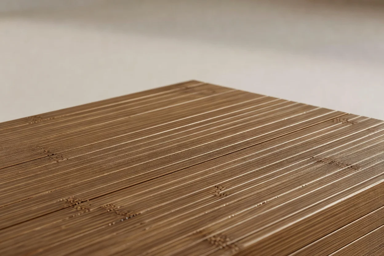 直線的な木目模様と滑らかな自然な茶色の表面を持つ竹プラスチック複合デッキ材の板。 - plascentral.com