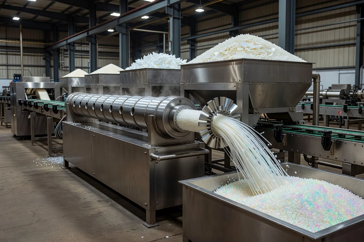Procédé d'extrusion produisant des granulés de résine rPS blancs uniformes à partir de brins fondus coupés collectés dans des bacs. - plascentral.com


