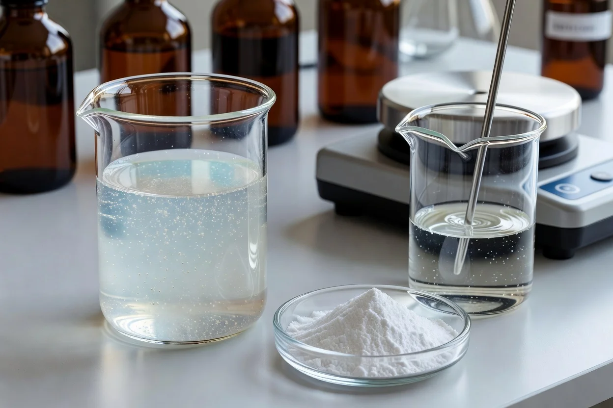 أكواب مع محاليل البوليمر ومسحوق المضاف الأبيض لاختبار المواد - plascentral.com

