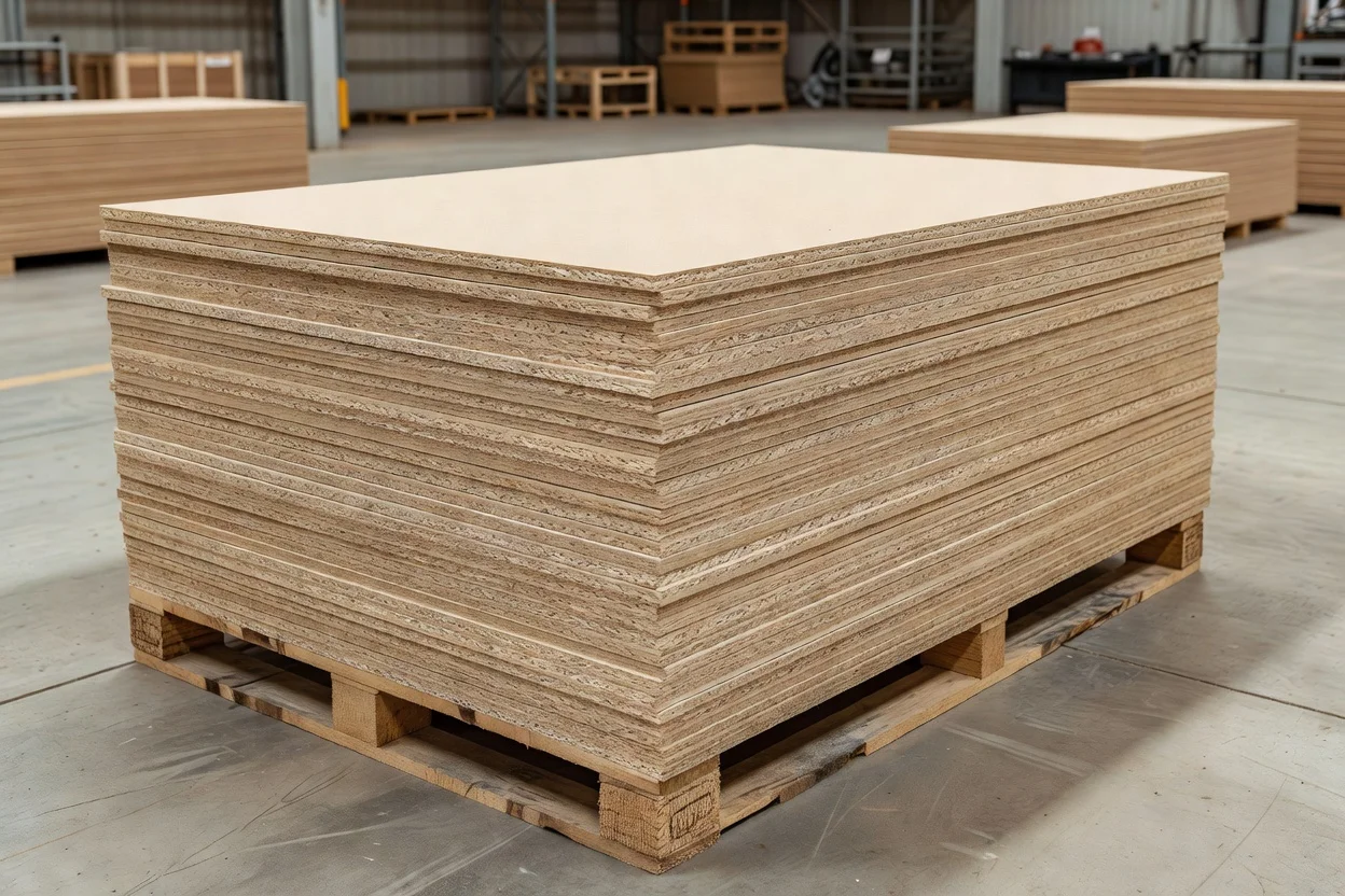 Particleboard panels stacked with exposed layered edges on wooden pallets - plascentral.com

