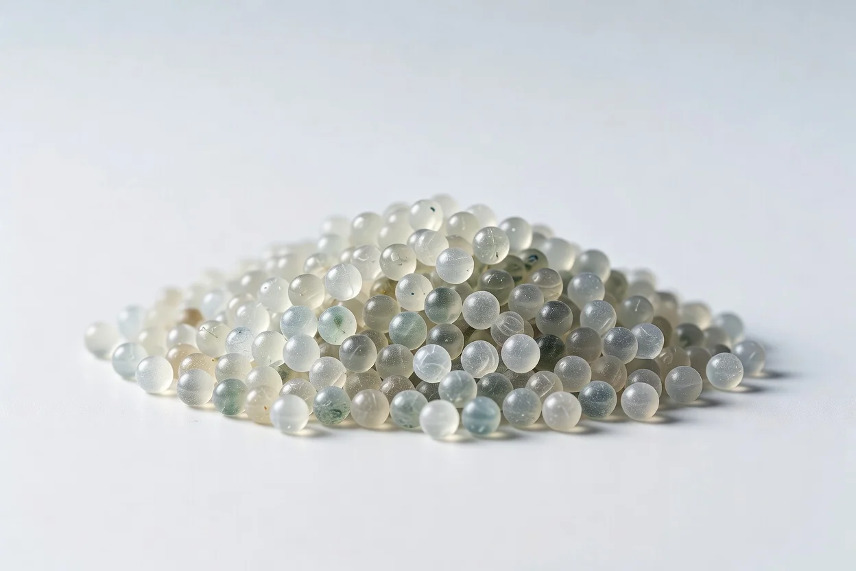 Translucent recycled POM pellets in white, gray, and blue tones. - plascentral.com