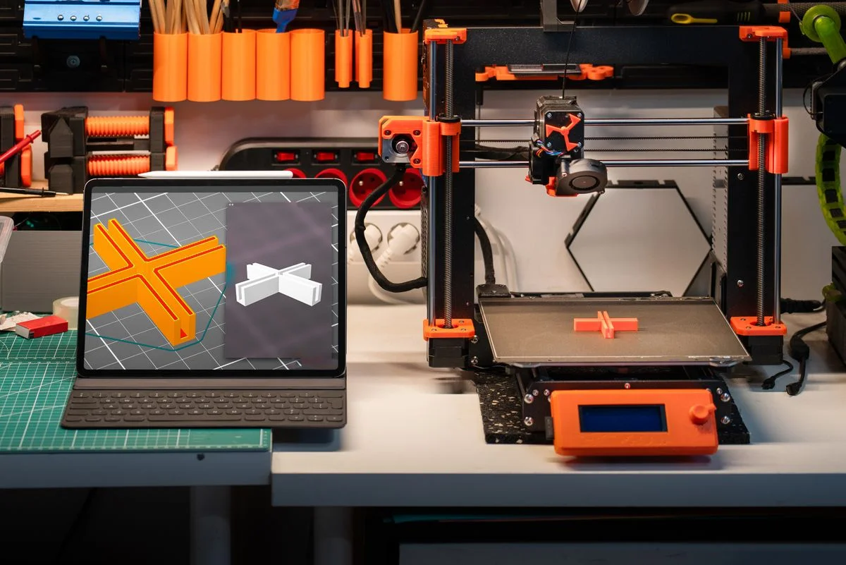 3D printer fabricating cross-shaped plastic part beside laptop displaying CAD model - Pexels

