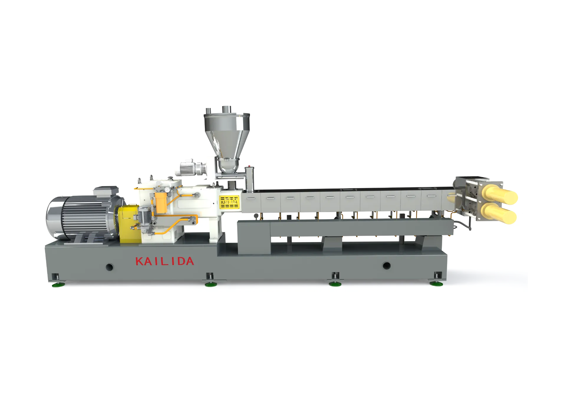 La extrusora de doble tornillo procesa gránulos de nanocompuesto de polímero blanco desde la tolva de alimentación hasta la bandeja de descarga. - NANJING KAILIDA MACHINERY CO.,LTD. | Cpsemarketplace

