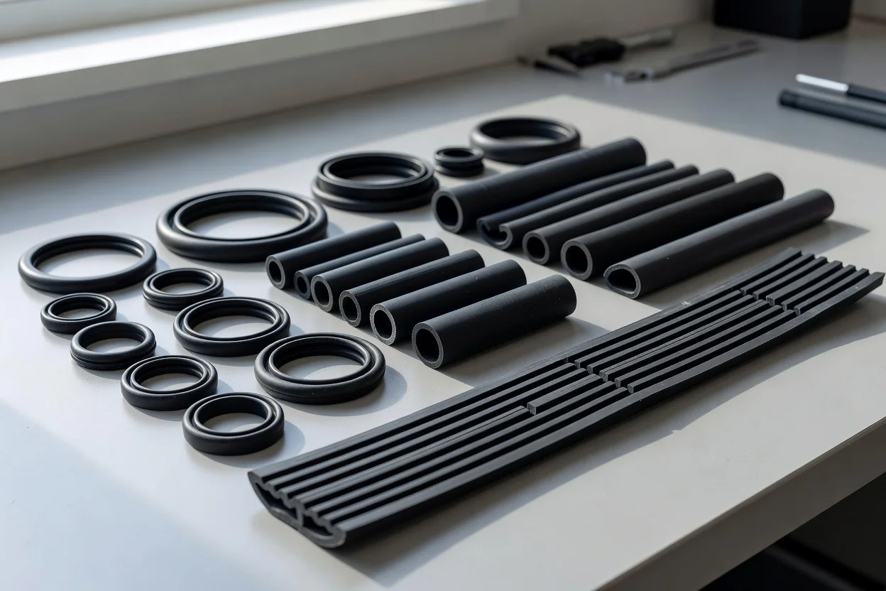 Assortiment de joints toriques en caoutchouc néoprène noir, d'extrusions cylindriques et de bandes rainurées. - plascentral.com

