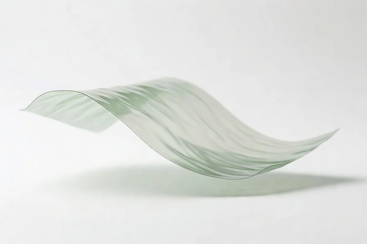 Feuille de plastique biodégradable vert clair translucide avec des ondulations montrant les propriétés de flexibilité du matériau. - plascentral.com