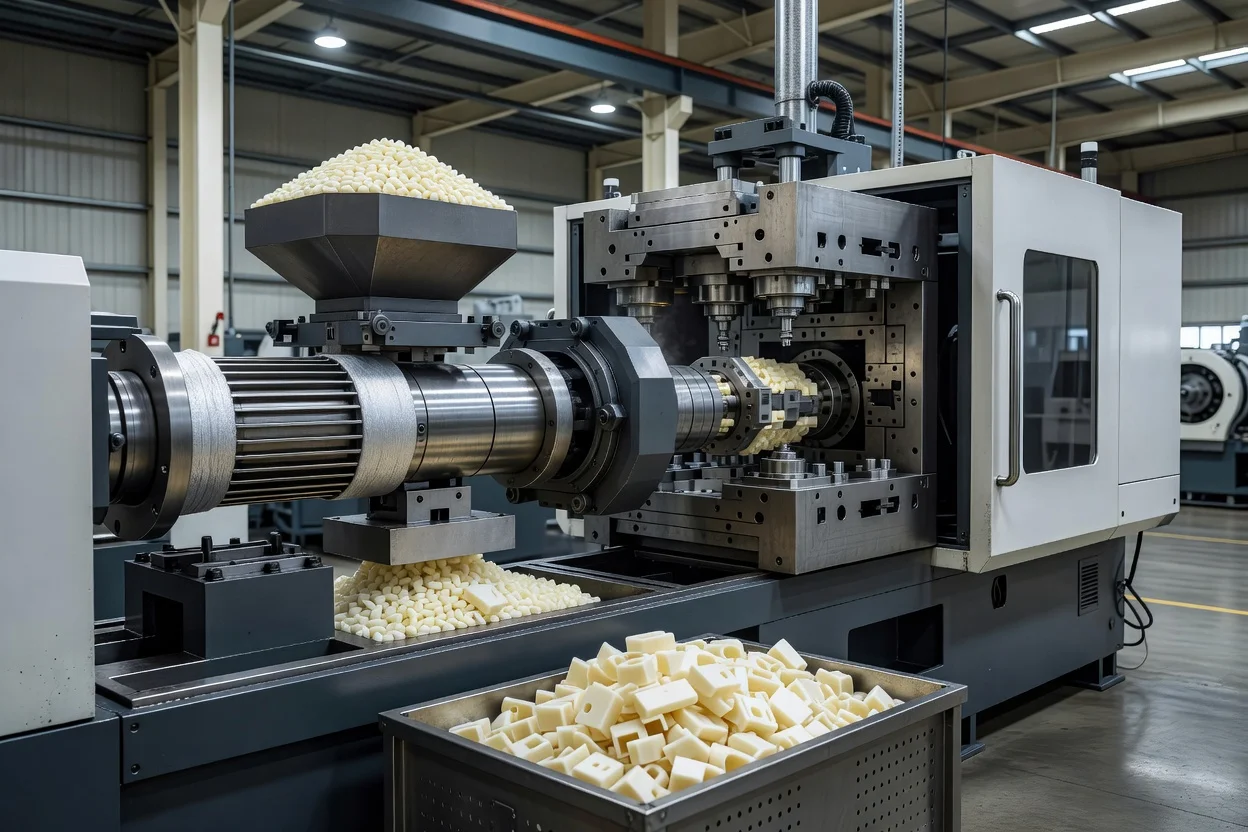 Gránulos de polímero POM blanco alimentados en una máquina de moldeo por inyección industrial. - plascentral.com

