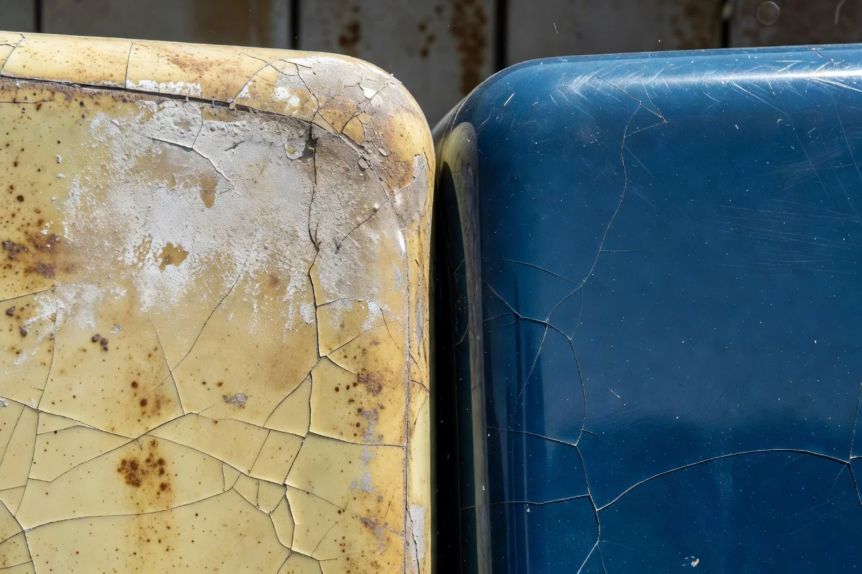 Composants en plastique exposés aux intempéries présentant des fissures en surface, un pelage et une décoloration dans les sections jaunes et bleues. - plascentral.com

