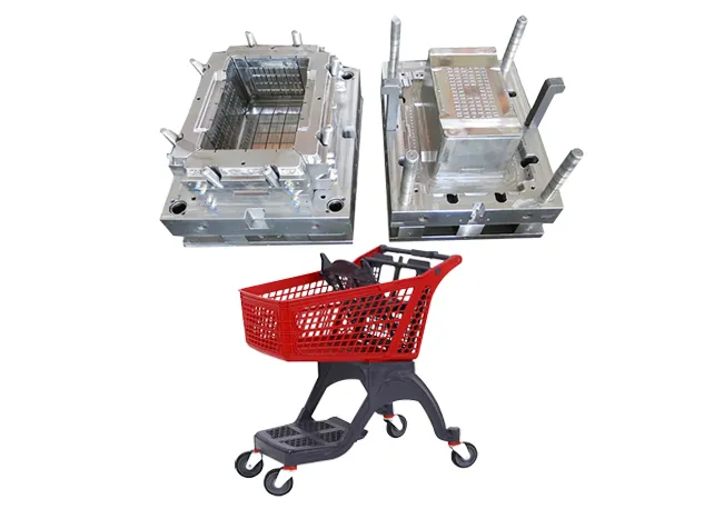 Herramienta de molde por inyección exhibida con un carrito de compras de plástico terminado para ilustrar el proceso de moldeo. - TAIZHOU HONGMEI MOULD CO.,LTD. | Cpsemarketplace

