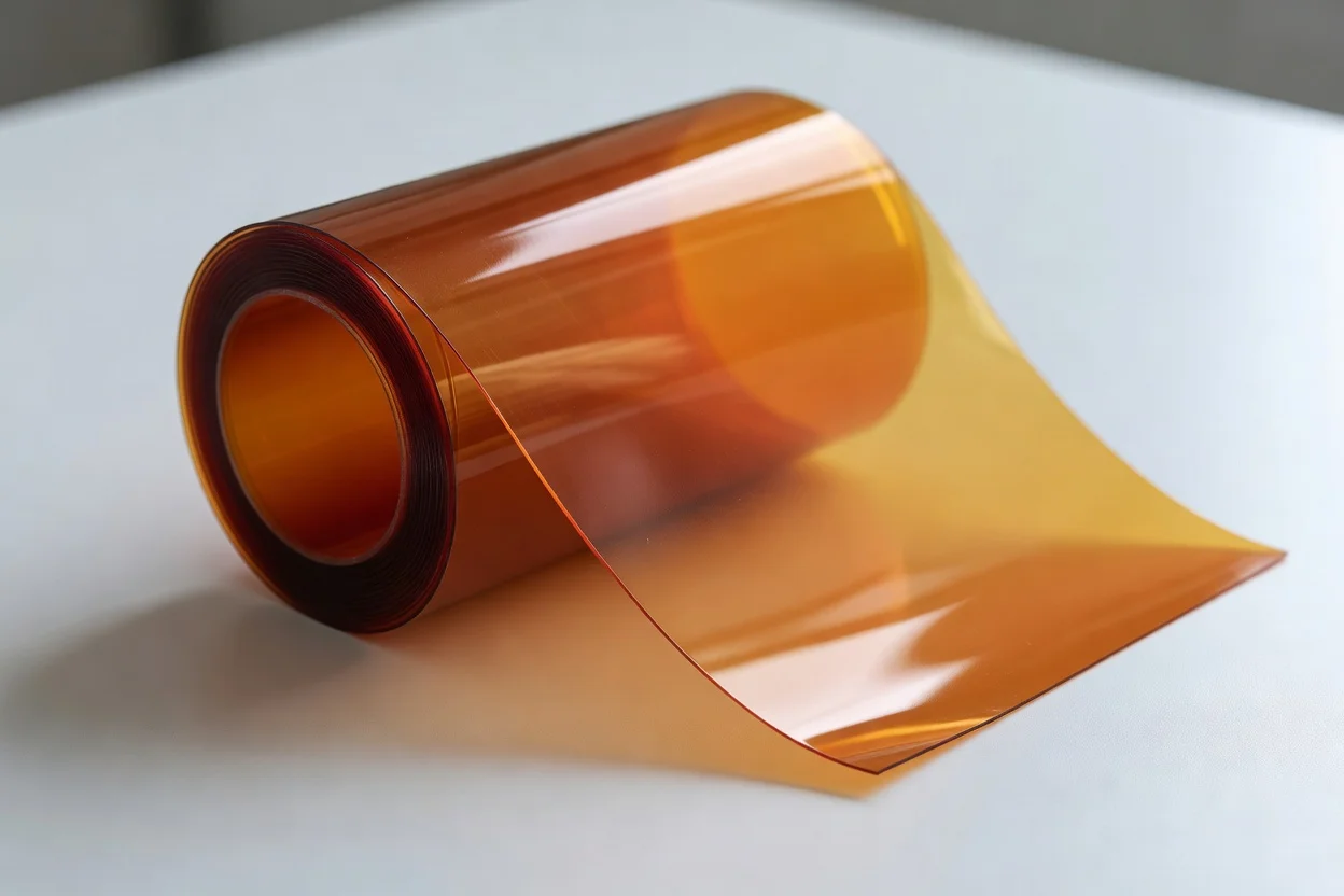 Roll of translucent amber polyimide film with smooth glossy texture. - plascentral.com


