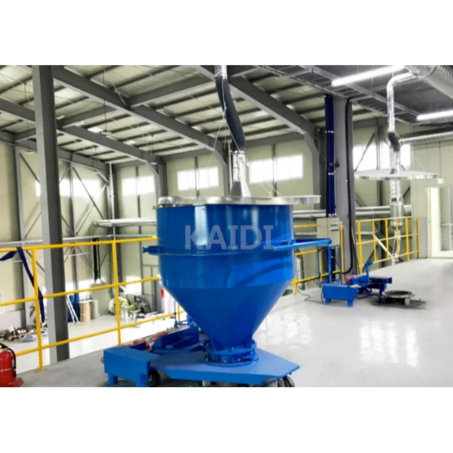 Activador de tolva vibratoria con recipiente cónico azul sobre base con ruedas para procesamiento de polímeros. - ZHEJIANG KAIDI AUTOMATION TECHNOLOGY CO.,LTD. | Cpsemarketplace

