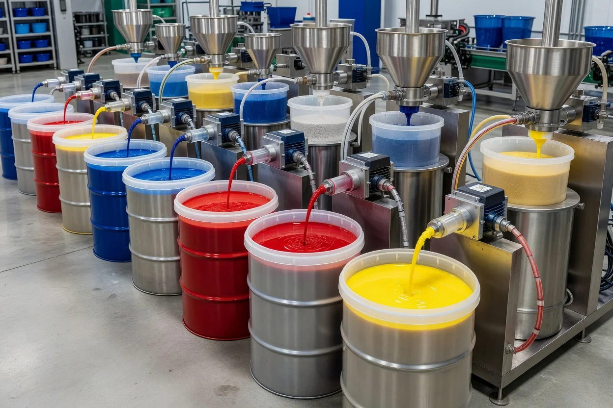 La línea de producción dispensa colorantes líquidos rojos, azules y amarillos en tambores abiertos. - plascentral.com

