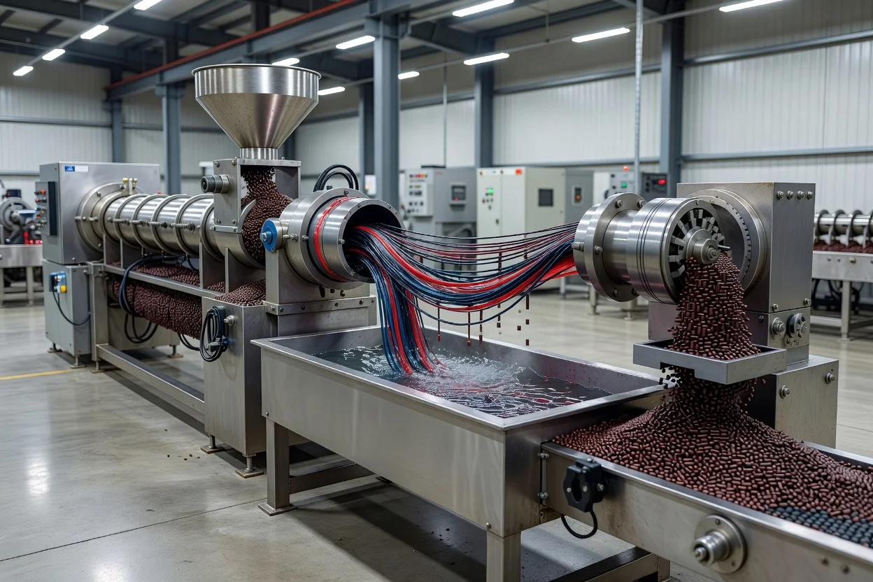 Extrusion of colour masterbatch pellets from molten polymer strands cooled in water bath and cut into uniform cylinders. - plascentral.com

