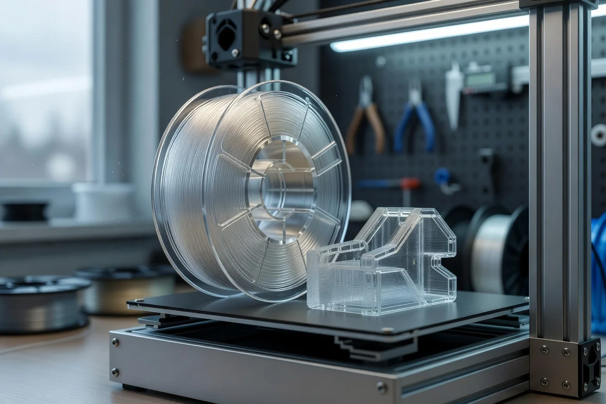 透明細絲線軸安裝在3D打印機上，旁邊是透明打印部件 - plascentral.com

