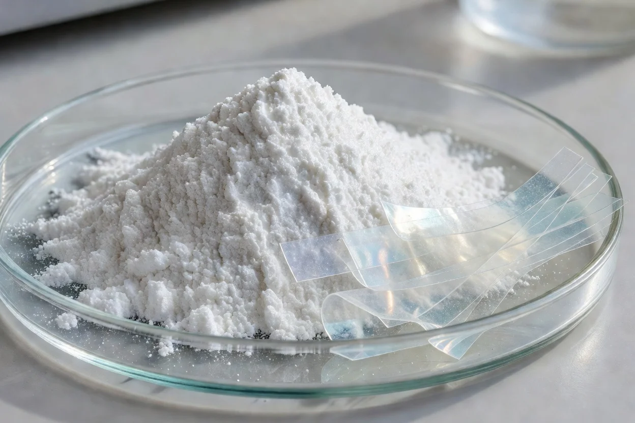 白色PVA聚合物粉末，帶有薄透明聚合物薄膜條 - plascentral.com


