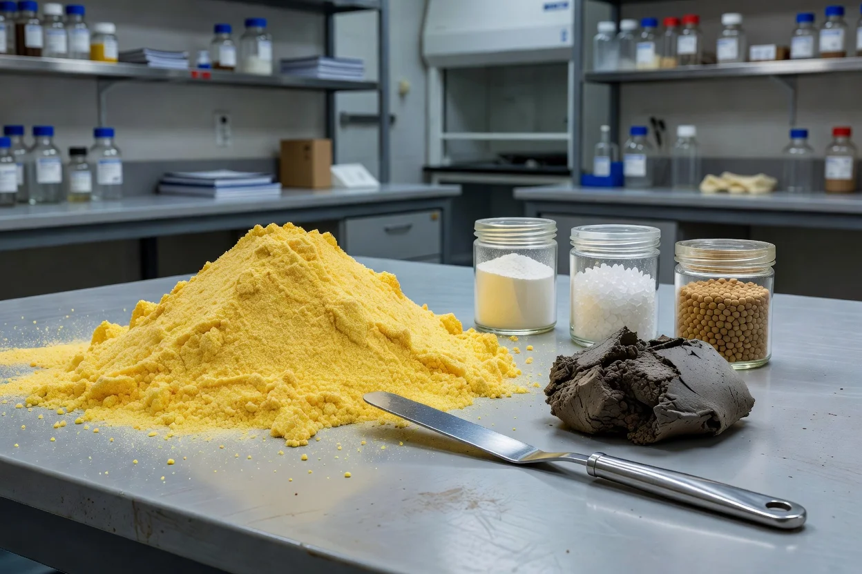 Yellow powder, polymer granules, and dark rubber compound for formulation studies - plascentral.com

