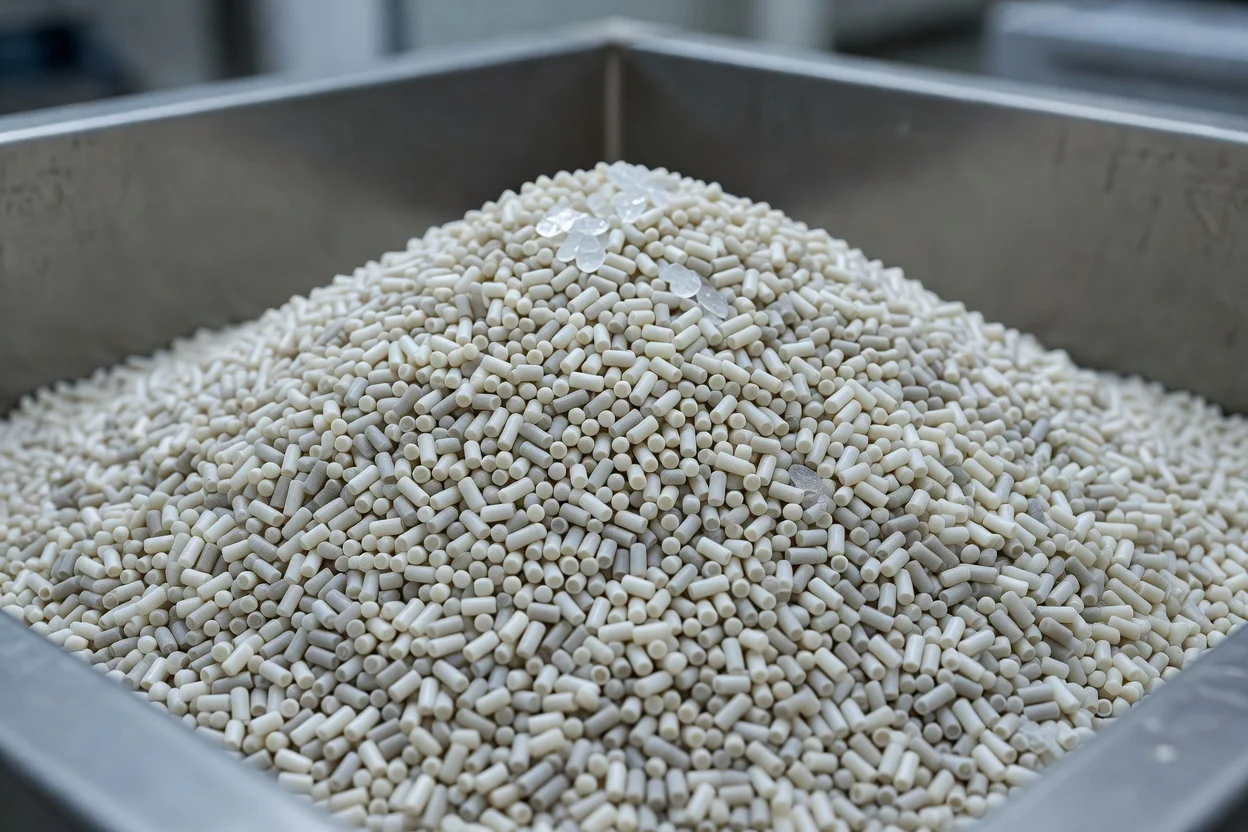 Off-white cylindrical nylon pellets piled in a stainless steel container. - plascentral.com

