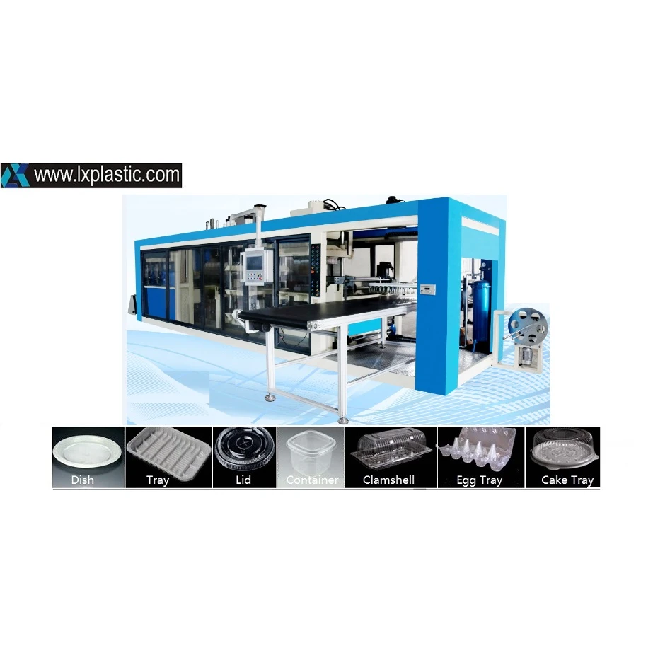 Blue-and-white thermoforming machine with integrated conveyor produces plastic containers and trays. - LX PLASTIC MACHINERY LIMITED | Cpsemarketplace


