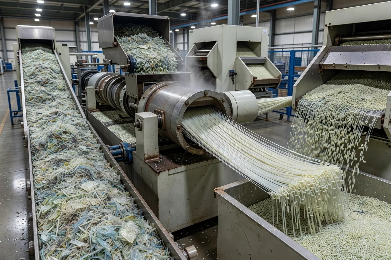 リサイクル押出ラインがシュレッドされたプラスチックを処理し、均一なrLDPEペレットにしてビンに回収します。 - plascentral.com

