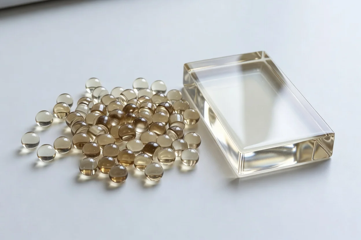琥珀色PES树脂颗粒位于透明矩形样品块旁边。 - plascentral.com


