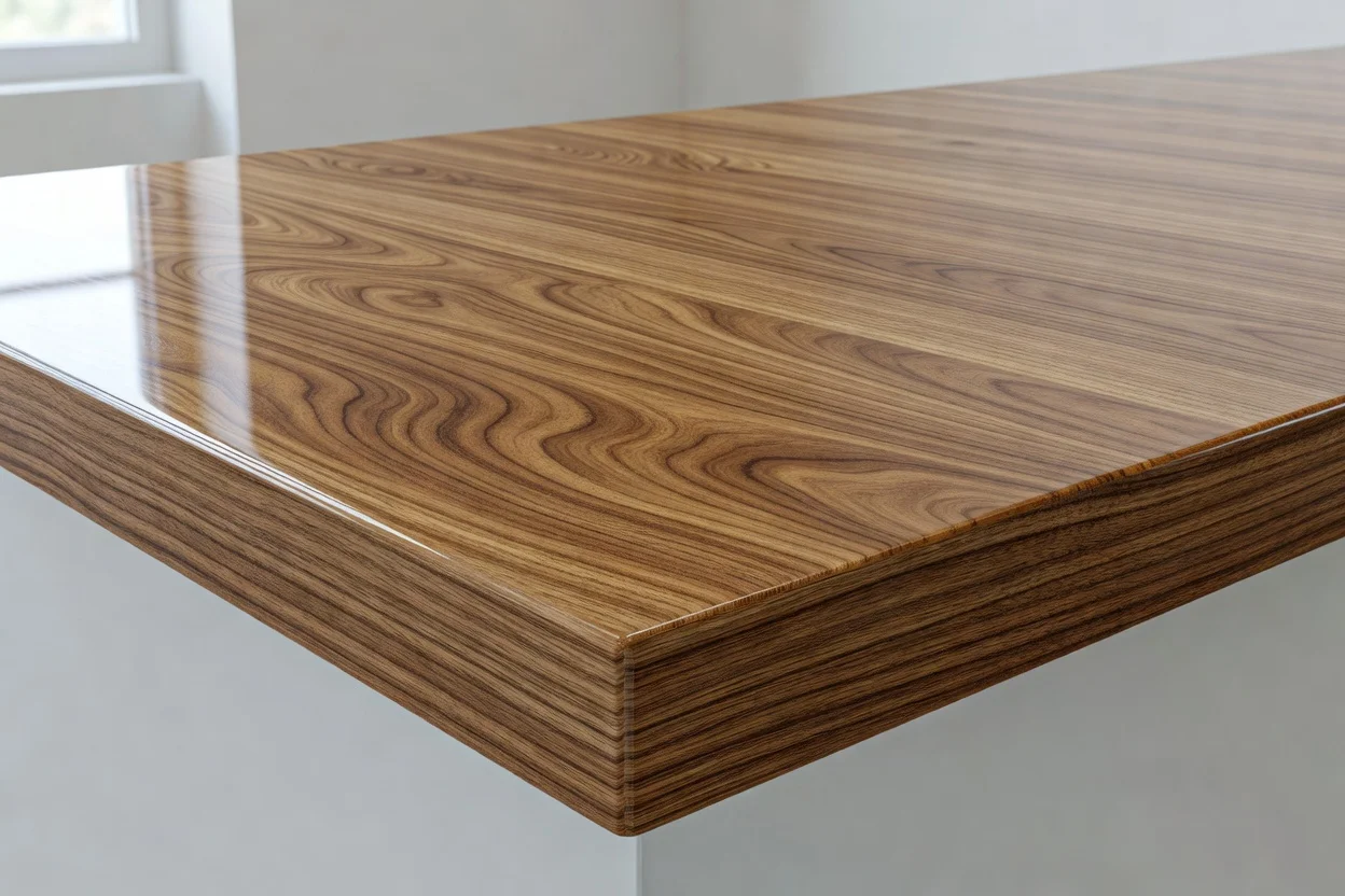 Wood-grain melamine resin laminate tabletop with smooth durable surface and layered structure. - plascentral.com

