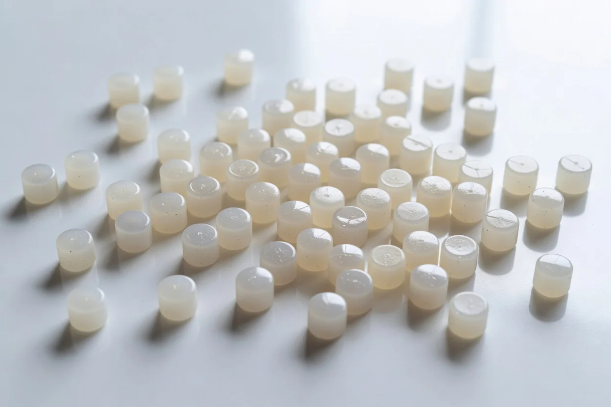 半透明白色TPA弹性体颗粒，均匀圆柱形。 - plascentral.com

