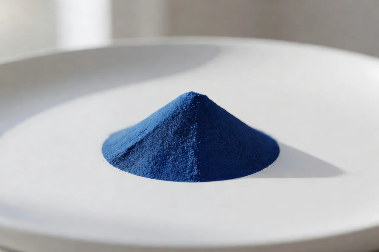 白い円形の表面上にある、プラスチック製造用の青色粉末顔料の円錐状の山 - plascentral.com