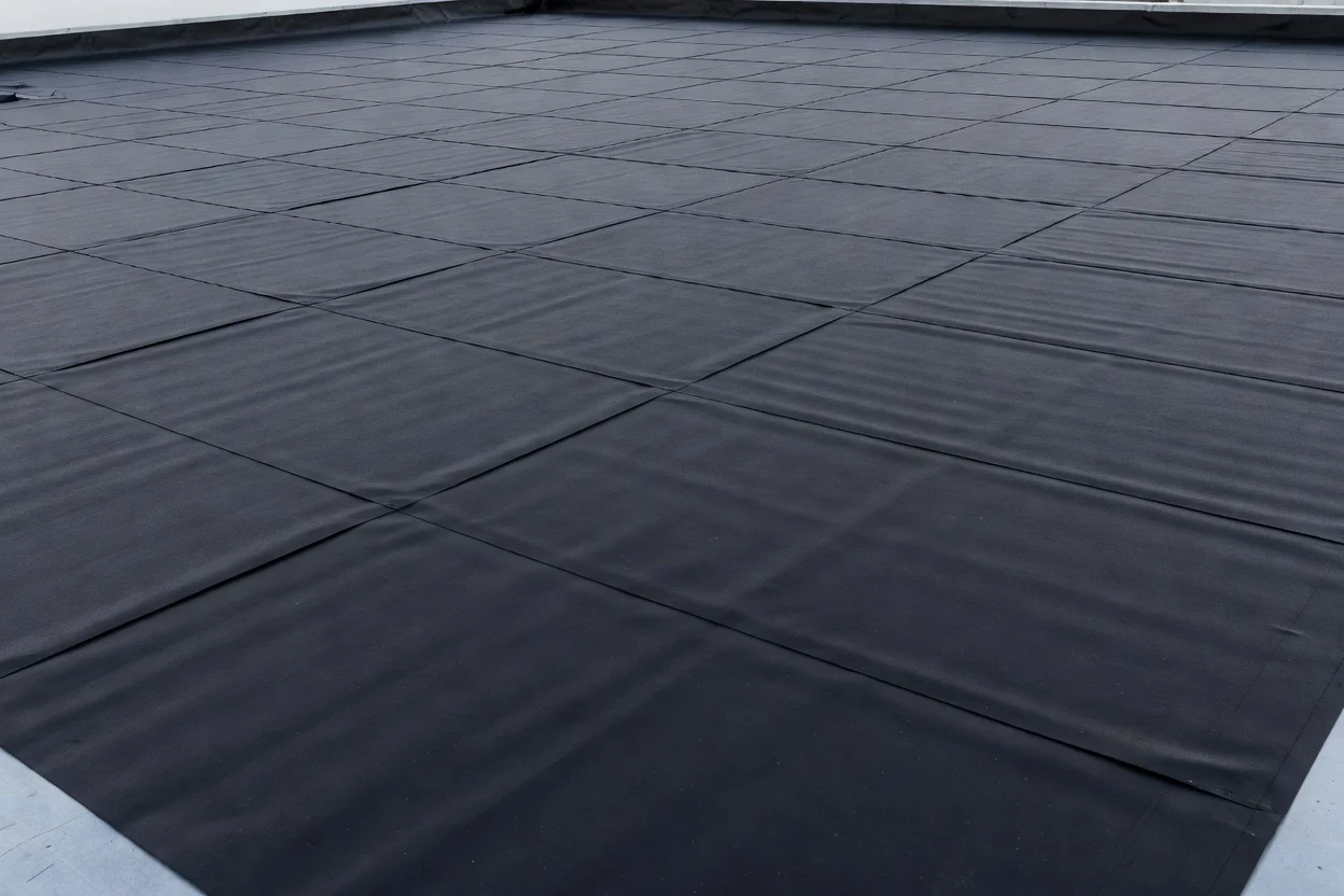 غشاء تسقيف EPDM أسود مثبت بنمط شبكي دقيق على سطح تجاري مسطح. - plascentral.com

