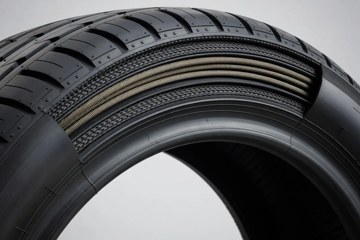 Section transversale de pneu radial avec des composés de caoutchouc en couches, des ceintures en acier et des renforts textiles pour pneus automobiles haute performance. - plascentral.com

