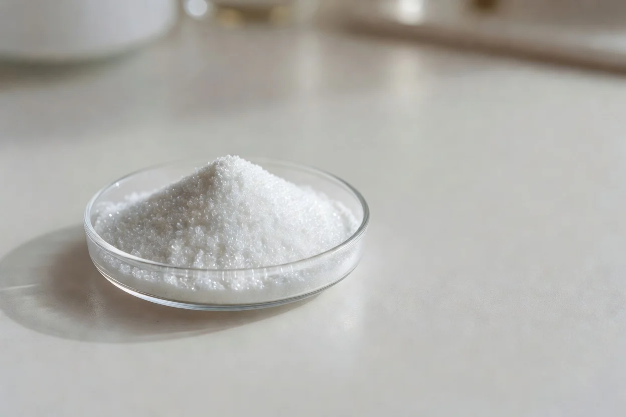 用于聚合物应用的细白色 HALS 稳定剂颗粒，置于玻璃皿中。 - plascentral.com