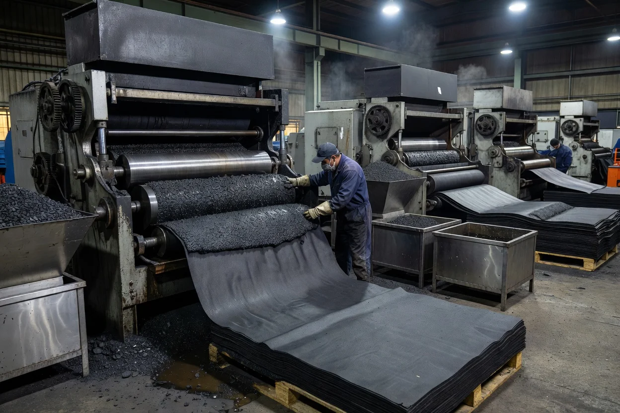 يتم تغذية صفائح مطاط EPDM عبر بكرات ثقيلة على خط المعالجة. - plascentral.com

