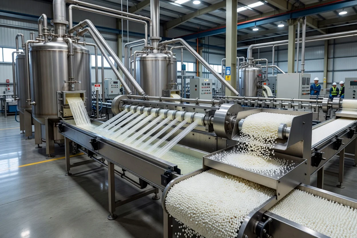 White PLA resin pellets flowing from processing equipment onto conveyor belts - plascentral.com

