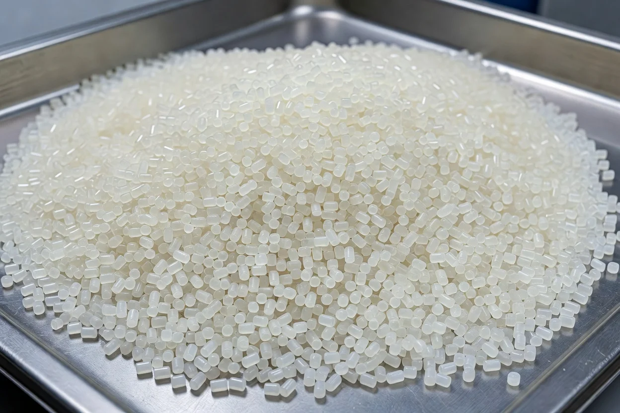Uniform translucent white PEK polymer pellets piled on a stainless steel tray. - plascentral.com


