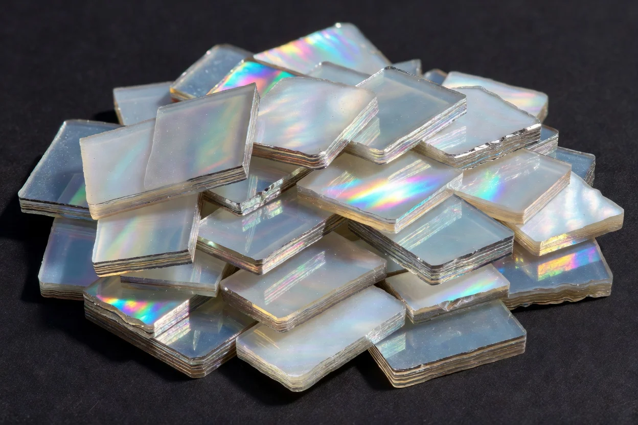 Feuilles de polymère irisé empilées avec un éclat nacré et des reflets arc-en-ciel changeants. - plascentral.com

