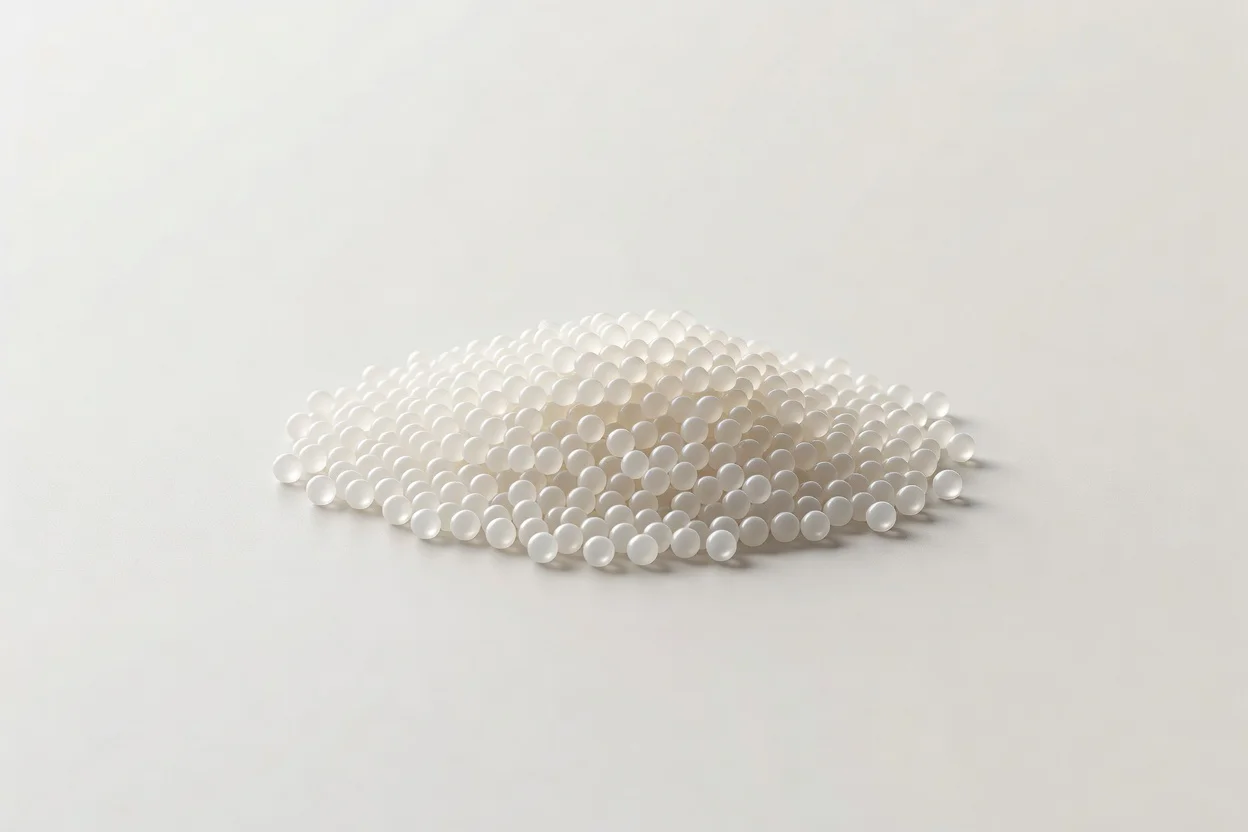 Gránulos poliméricos esféricos blancos uniformes sirven como materia prima para la fabricación de plásticos. - plascentral.com