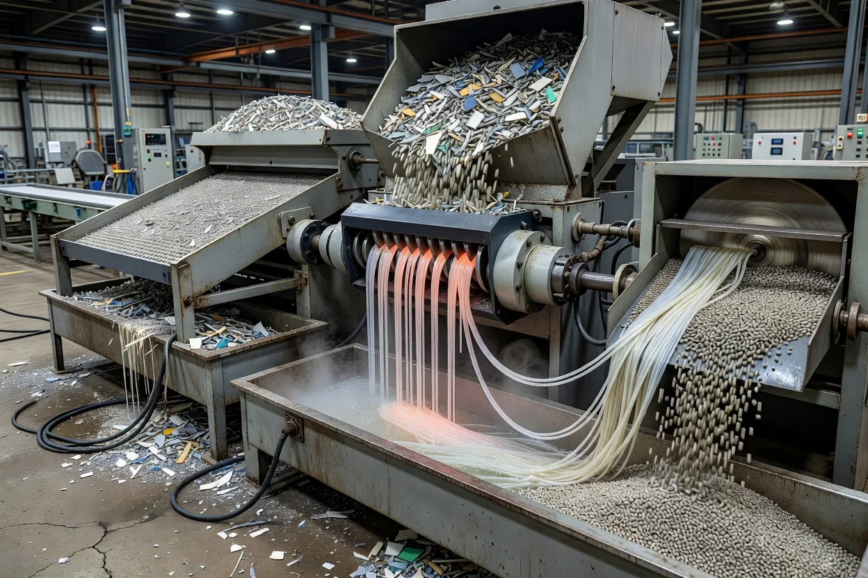 Ligne d'extrusion convertissant des matières recycles en granuls de rPVC uniformes avec des brins refroidis à l'eau - plascentral.com

