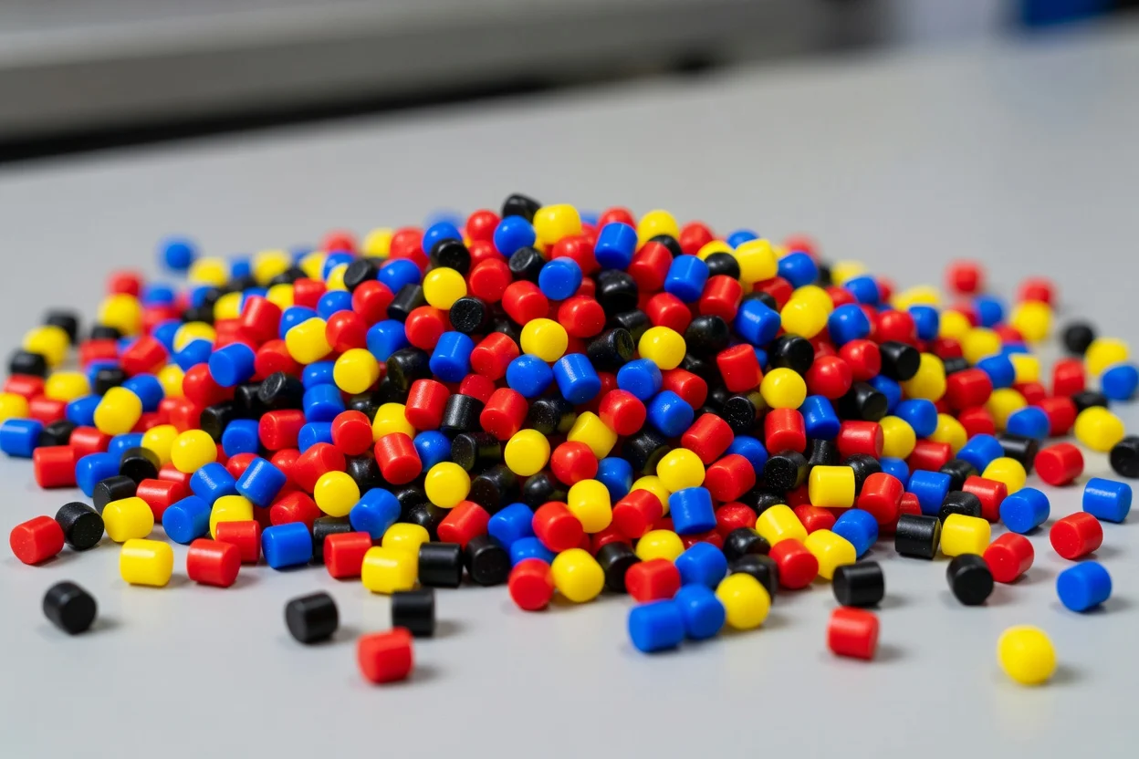 Granulés de plastique multicolores représentant des masterbatchs de couleur pour le compoundage et la fabrication de plastiques - plascentral.com

