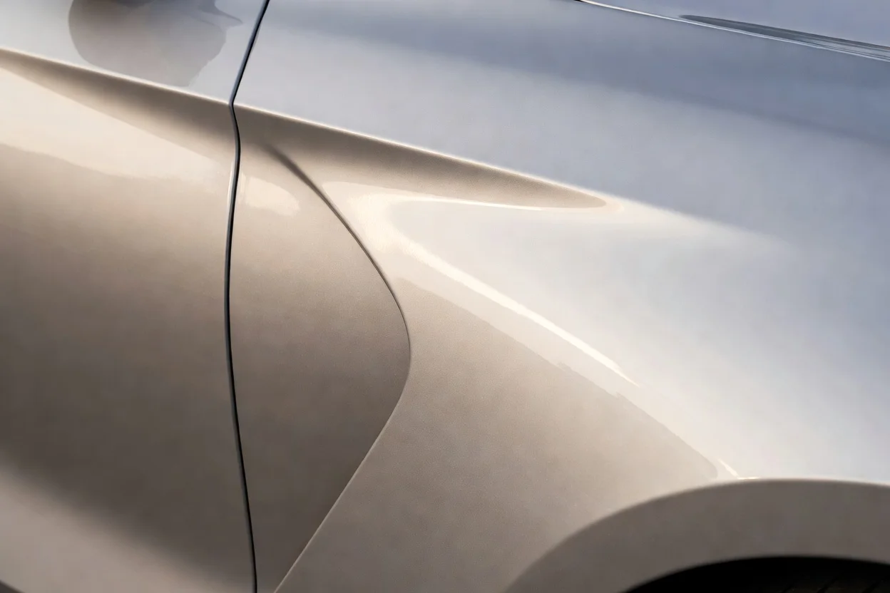 Panel de carrocería automotriz con acabado metálico plateado suave proveniente de recubrimiento de pasta de aluminio - plascentral.com

