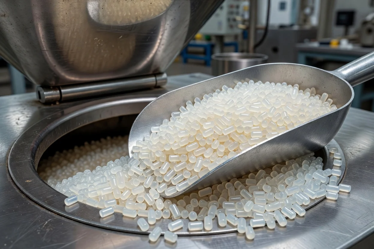 Una cuchara de acero inoxidable dispensa gránulos cilíndricos translúcidos de compuesto de purga en una tolva industrial. - plascentral.com

